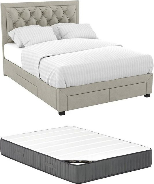 Vente-unique Bettrahmen Leopold in Beige mit Samtbezug und Schubladen, B/T/H: 180 x 200 x 216,5 cm - Bild 1