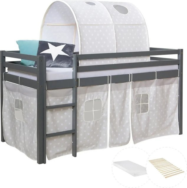 Homestyle4u Kinderhochbett aus Kiefernholz mit Lattenrost und Matratze, Grau, B/T/H: 90 x 200 x 160 cm - Bild 1