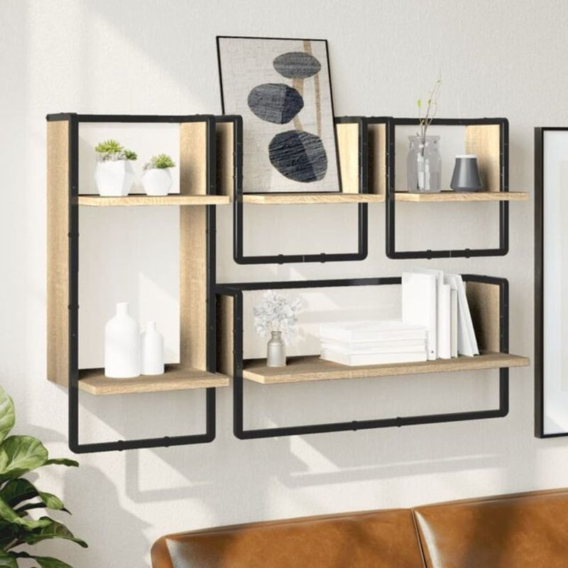 4-tlg. Wandregal-Set Vidaxl im Industrial Design aus Holzwerkstoff und Metall, Braun - Bild 1