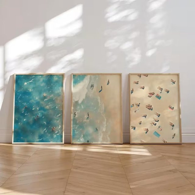 HQYSZZ Wandkunst Set aus 3 Leinwandgemälden mit Strand- und Naturmotiven in Blau, modernes Motiv für deine Wohnzimmerdekoration - Bild 1