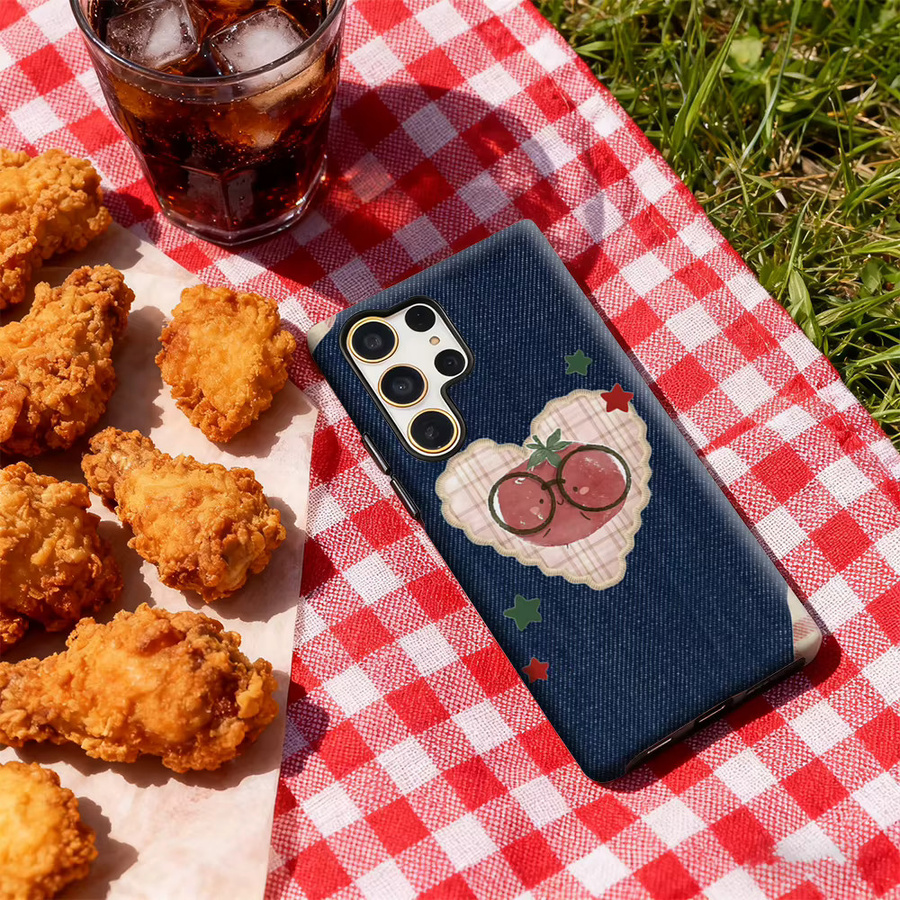 Samsung Handyhülle im Denim-Stil mit Tomaten-Design für Galaxy S25 Ultra, S24 und S23 Ultra Plus in Blau mit glänzender doppellagiger Rückseite - Bild 5