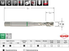 RUKO Maschinengewindebohrer M 10 DIN 371 HSS Co 5 Form C 35 Grad Silber - Bild 1