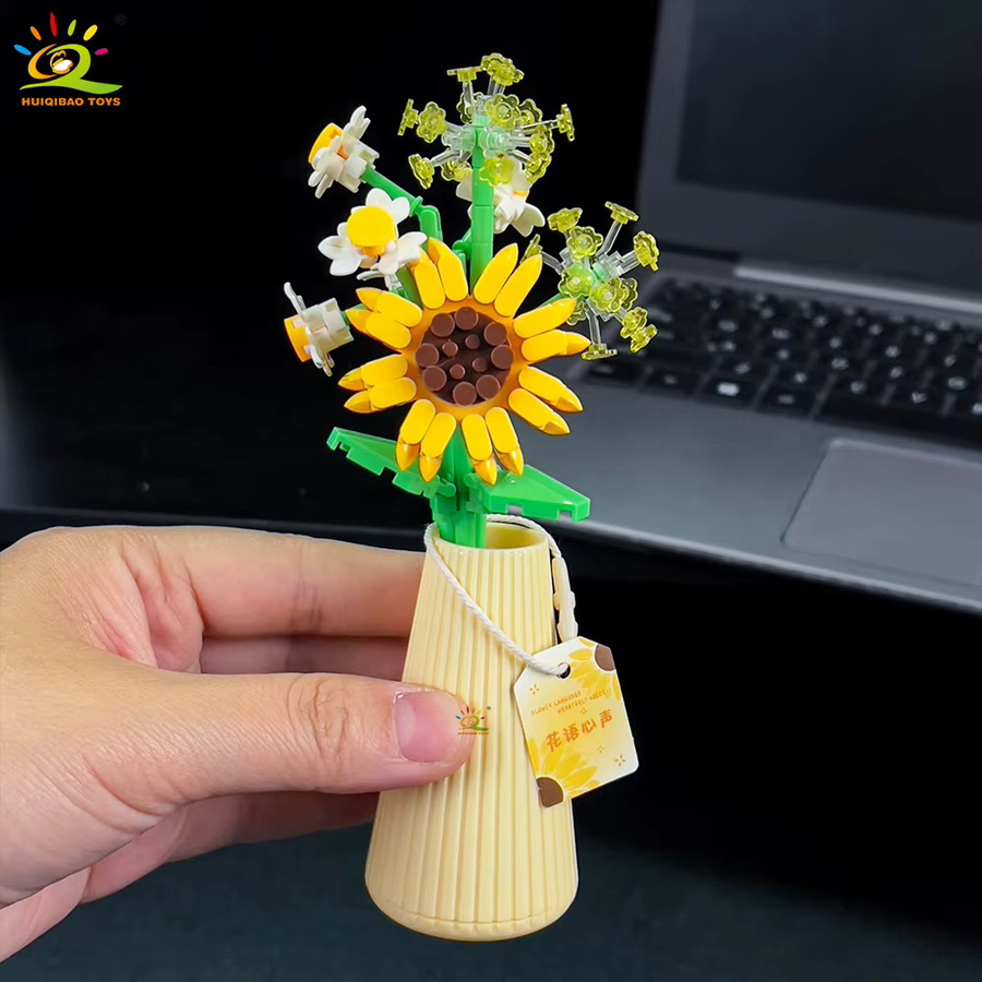 HUIQIBAO Blume mit Topf, Mikro-Baustein, Sonnenblume, Mini-Modell, Set - Bild 3