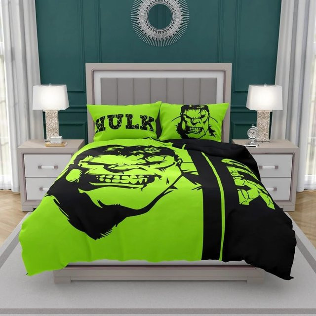 Flylo Hulk Bettwäsche Set 3-teilig aus Mikrofaser in Grün mit Motiv für Kinder und Erwachsene, B/H: 175 x 220 cm - Bild 1