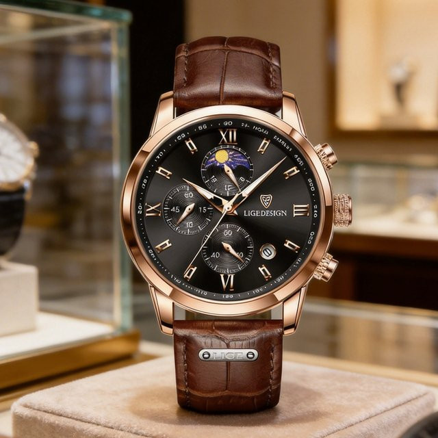 LIGE Armbanduhr Chronograph, Quarz, Leder, Schwarz, Roségold, Herren - Bild 1