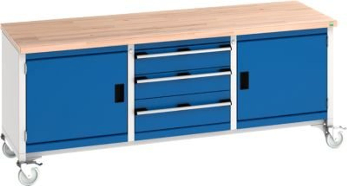 Bott Kastenwerkbank cubio aus Buche-Massiv mit 3 Schubladen und 4 Lenkrollen, Farbe: enzianblau/lichtgrau, B: 200 cm, T: 75 cm, H: 84 cm - Bild 2
