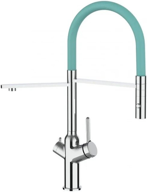 VIZIO Küchenarmatur mit 3-Wege-Wasserhahn, 360° schwenkbarer Auslauf und abnehmbarer 2-Strahl-Handbrause, Verchromt, Türkis - Bild 1