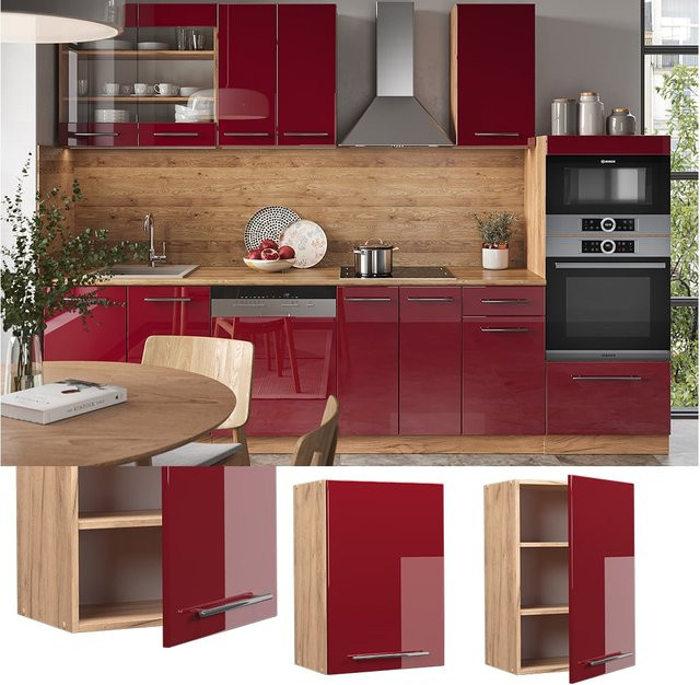 Vicco Hängeschrank Fame-Line Küchenschrank in Bordeaux Rot und Eiche Hochglanz mit Softclose-Scharnieren und Einlegeboden, Breite: 50 cm - Bild 1