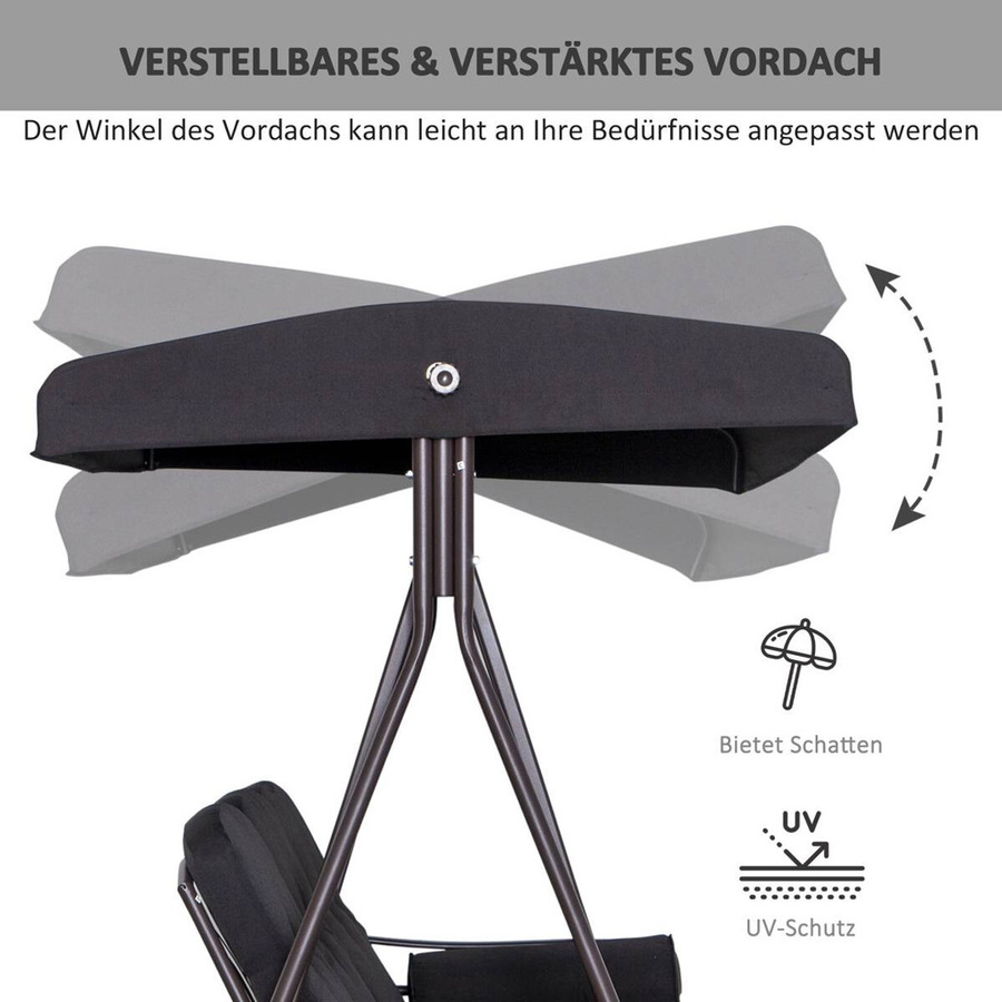 Outsunny Hollywoodschaukel aus Metall mit Sonnendach und Kissen in Schwarz, B/H/L: 116 x 183 x 206 cm - Bild 5