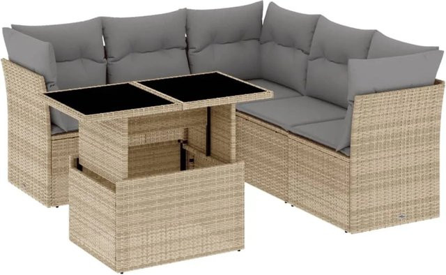 vidaXL 6-tlg Garten-Sofagarnitur in L-Form aus Polyrattan mit Kissen und Tisch, Beige - Bild 1