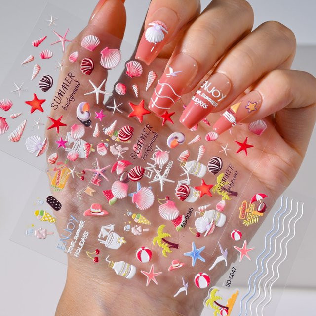 MAFANAILS Nagelaufkleber 5D Geprägte Sommer Strand Motive, Glänzend - Bild 1