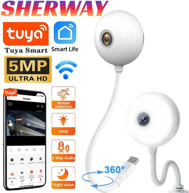 Tuya Mini WLAN-Kamera für Innenräume, 5MP 2K Sicherheitskamera in Weiß mit KI-Auto-Tracking und USB-Anschluss als kabelloser Babymonitor - Bild 1