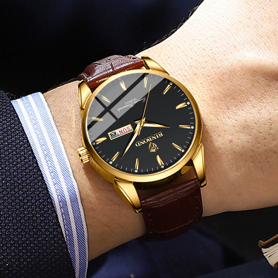BINBOND Armbanduhr Quarz, Leder, Schwarz, Gold, Herren - Bild 3