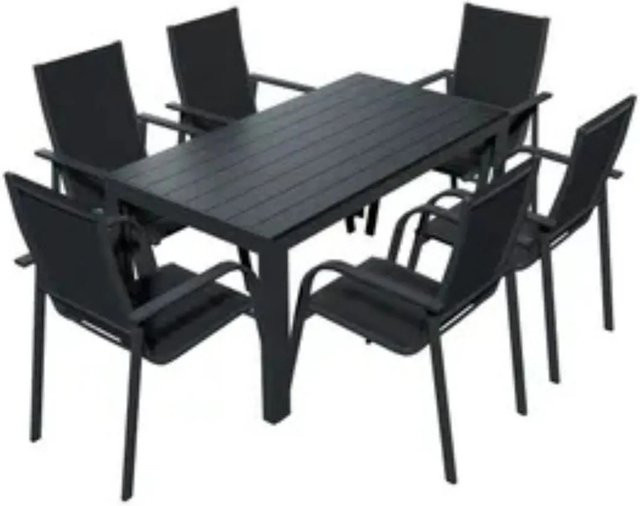 Lex Gartenmöbel Set 7-teilig aus Aluminium mit Tisch und 6 Stapelsesseln in Schwarz und Anthrazit Matt - Bild 1