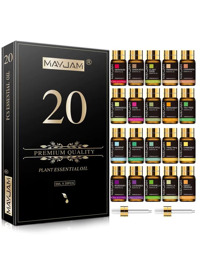 MAYJAM Geschenkbox mit 20 Flaschen ätherischen Ölen in verschiedenen Düften wie Lavendel, Jasmin, Eukalyptus, Vanille, Patchouli, Citronella, Sandelholz, Rose und Orange - Bild 5
