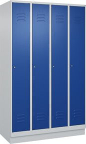 C+P Spind Classic PLUS Garderobenschrank mit Sockel, 4 Abteile, grau/blau, H x B x T: 195 x 120 x 50 cm, mit Zylinderschloss, 4 Garderobenhaken und mittiger Trennwand - Bild 1