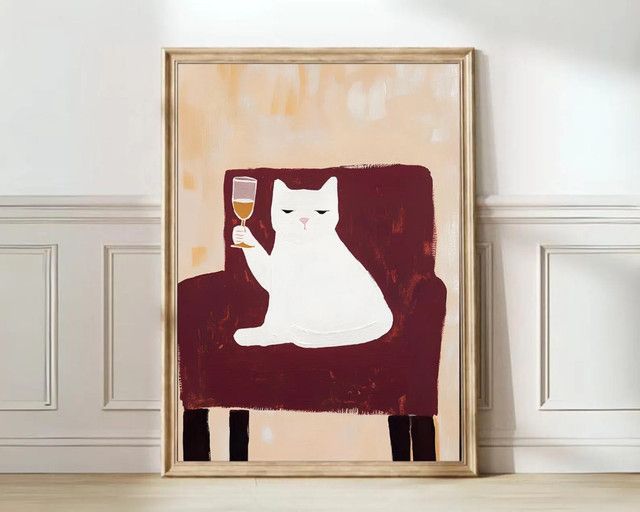 Matisse Stil Wandkunst Champagner-Katze als Poster in Rot und Burgunder für deine Neujahrs- und Winterdekoration - Bild 1