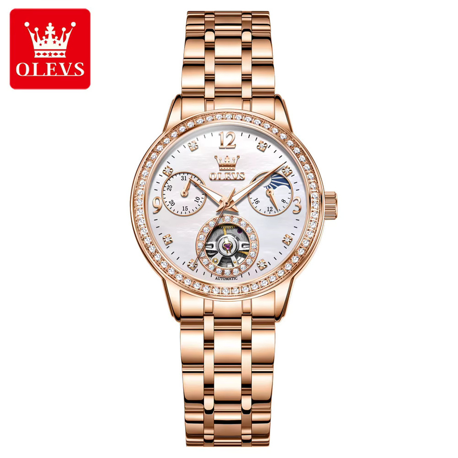 OLEVS Armbanduhr Automatik, Edelstahl, Roségold, Diamant, Mondphase, Damen - Bild 4
