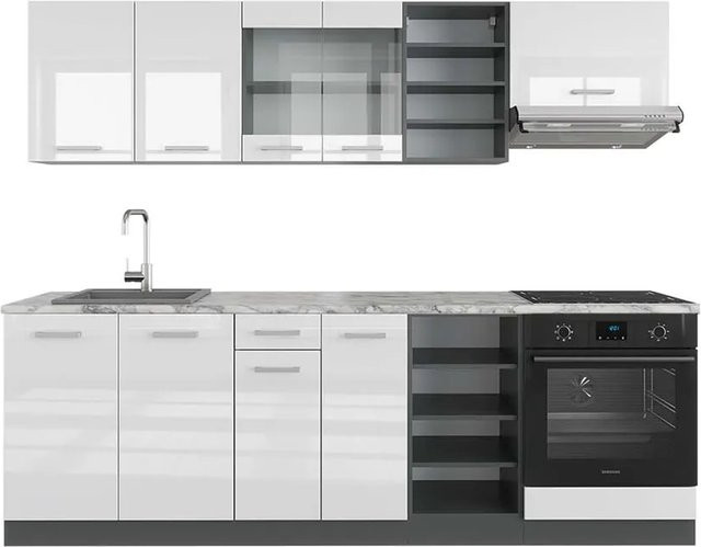 Vicco R-Line Küchenzeile Weiß Hochglanz Anthrazit mit Marmor-Optik Breite: 240 cm - Bild 1