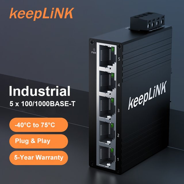 KeepLiNK Industrial 5-Port Gigabit Unmanaged Ethernet Switch 10/100/1000BASE-T IP40 Aluminium in Schwarz und Silber - Bild 1
