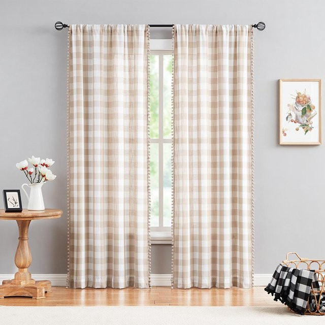 2er-Set Kugelvorhänge mit Karomuster in Beige, halbtransparent, B: 101 cm, H: 160 cm - Bild 1