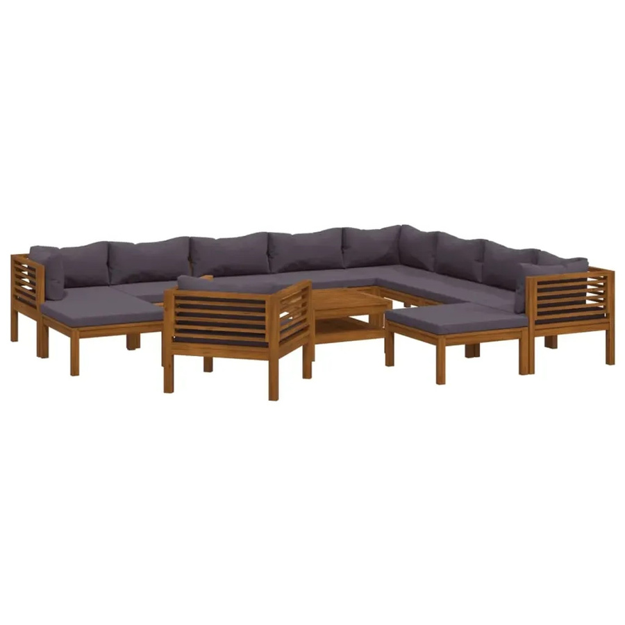 vidaXL 12-tlg. Garten-Lounge-Set in U-Form aus massivem Akazienholz mit dunkelgrauen Polstern - Bild 2