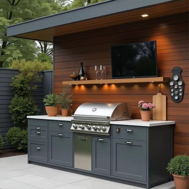 MODX Outdoor-Kücheninsel mit BBQ-Grill aus Aluminium in Grau mit Steinplatte und wasserdichtem Schrank - Bild 1
