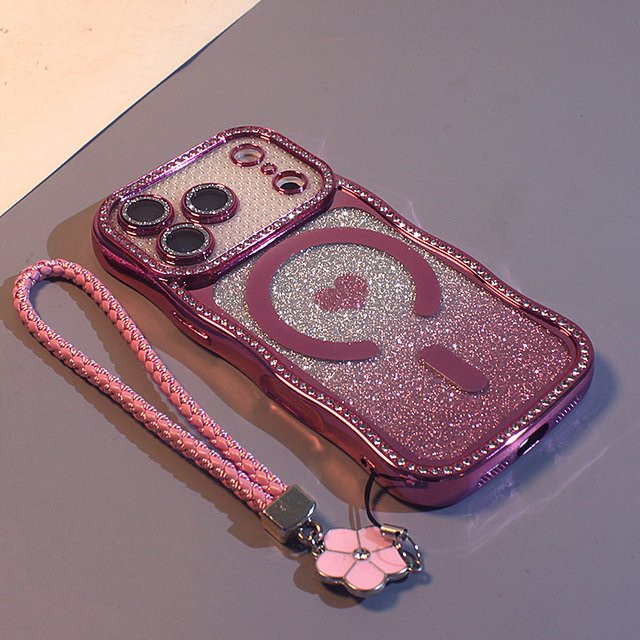 Magnetische iPhone Handyhülle mit Strass-Glitzer und herzförmigem Wellenkanten-Design für iPhone 13 14 15 16 17 Pro Max in Gold oder Pink - Bild 1