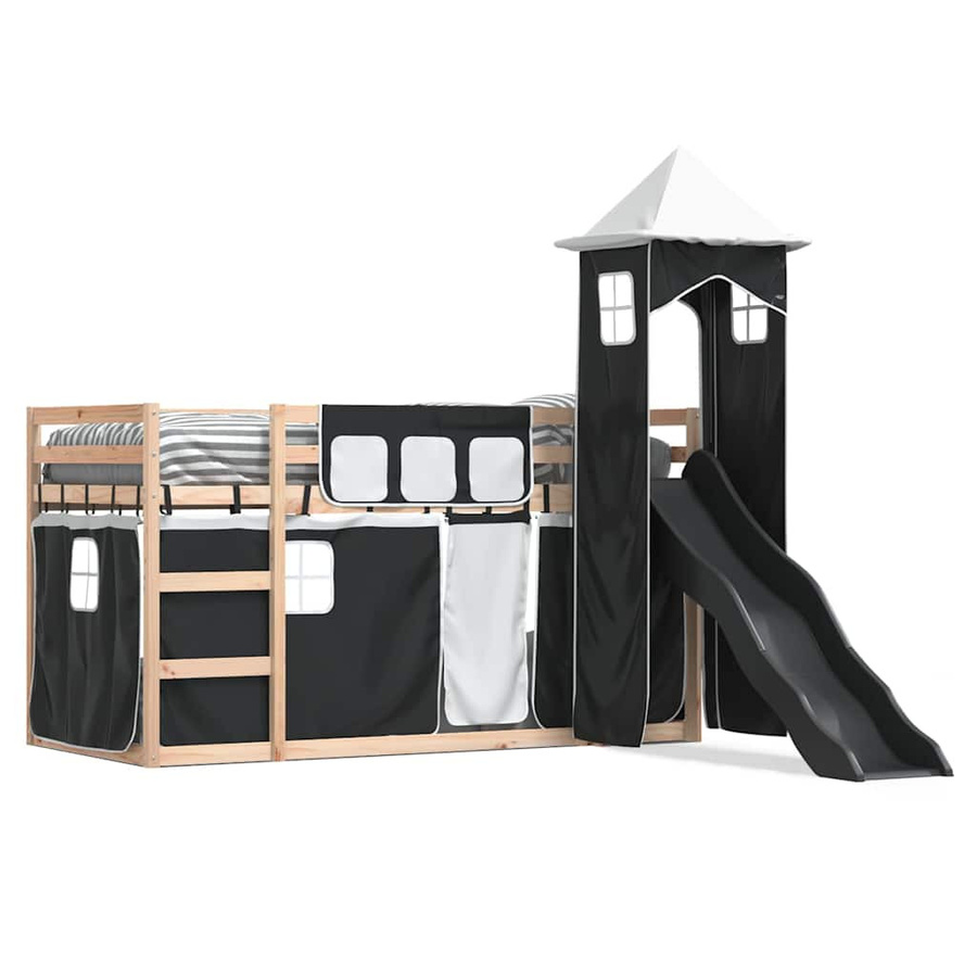 vidaXL Etagenbett für Kinder aus Kiefernholz mit Rutsche und Vorhängen in Weiß, Schwarz und Anthrazit, B/T/H: 80-90 x 190/200 cm - Bild 3