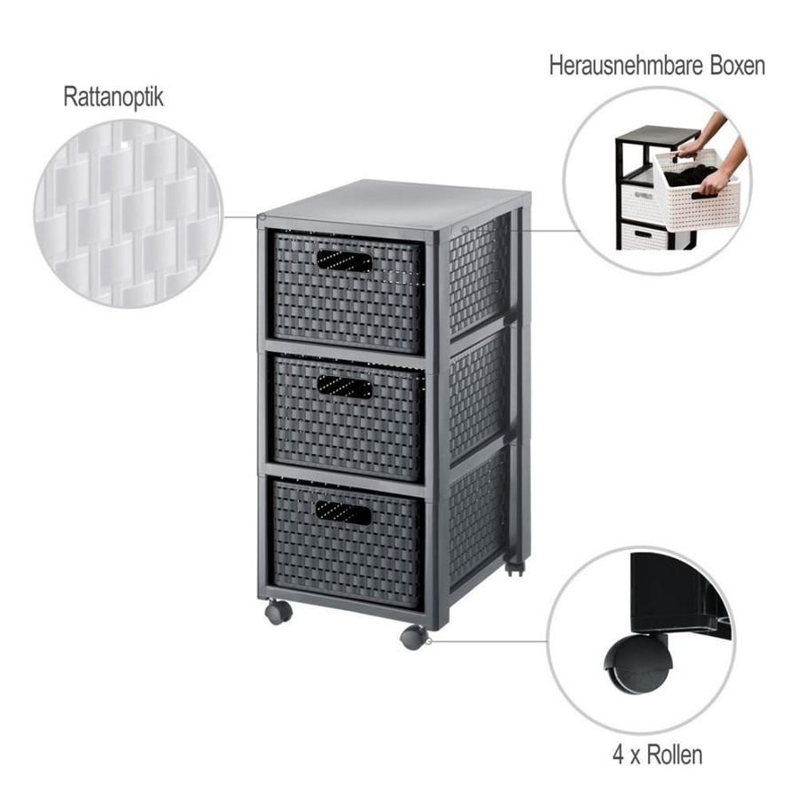 Rotho Tower mit Rollen Country großes Bücherregal mit 3 Schubladen für A4 in Anthrazit - Bild 2