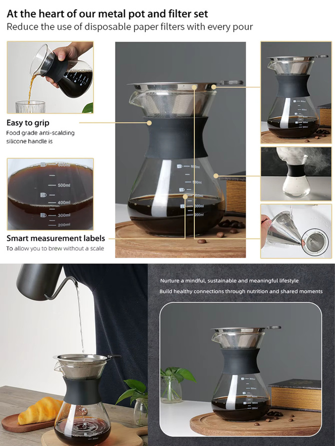 Leeseph Pour-Over Kaffeebereiter mit Edelstahl-Kaffeefilter und Wärmeisolierung, transparent - Bild 5