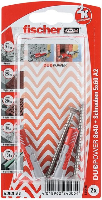 Fischer DuoPower Dübel mit Schraube Ø 8 mm x 40 mm, 2 Stück, Grau und Rot - Bild 1