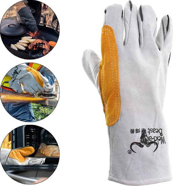 Schweißhandschuhe aus doppelt gespleißtem Rindsleder in Grau für Grill- und Backarbeiten mit vollständigem Schutz der Handfläche - Bild 1