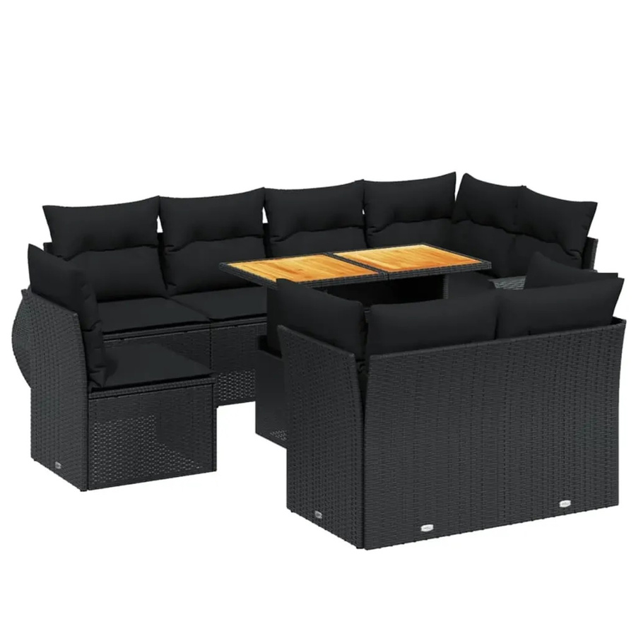 vidaXL 9-tlg. Garten-Sofagarnitur in L-Form aus schwarzem Poly-Rattan mit Kissen und pulverbeschichtetem Stahlrahmen - Bild 2