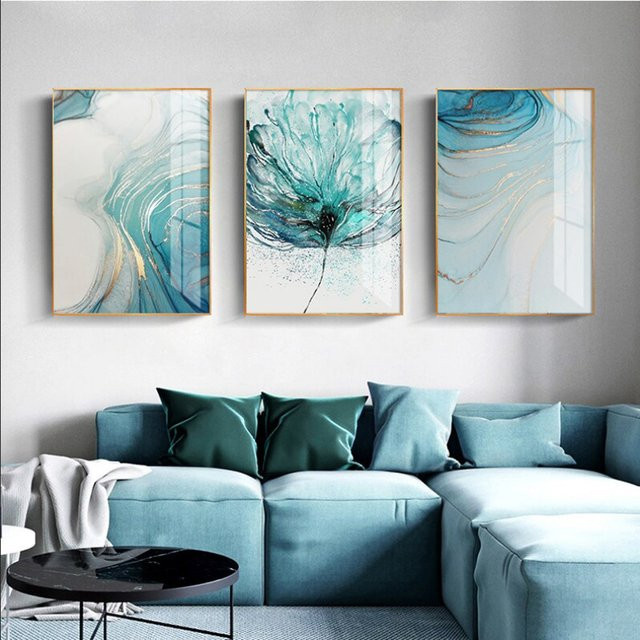 TPFLiving Poster Leinwand Abstrakte Formen und Linien in Blau, 3er Set, B: 60 cm, H: 90 cm - Bild 1