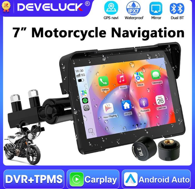 Develuck 7 Zoll Motorrad CarPlay Display mit Android Auto, Wireless Bluetooth, GPS-Navigation und TPMS-Unterstützung, IPX7 wasserdicht, Schwarz - Bild 1