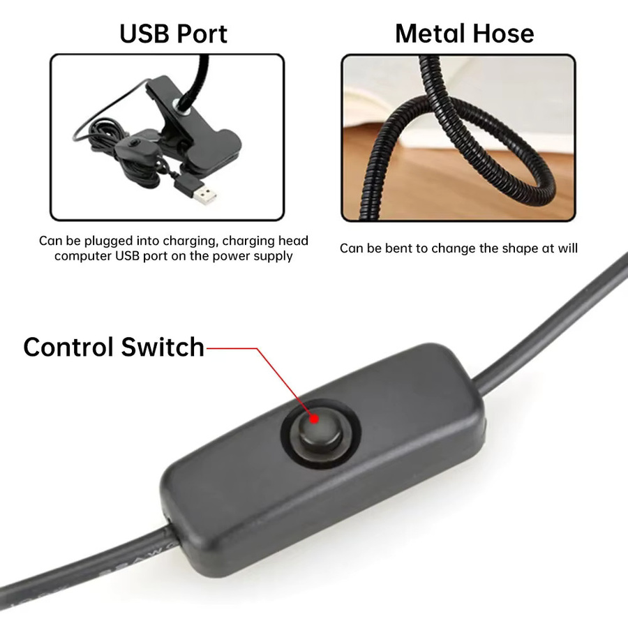 Gyarfas 2er-Pack LED-Clip-Tischlampen in Schwarz mit USB-Anschluss und 360 Grad flexibler Halterung für Leselicht - Bild 3