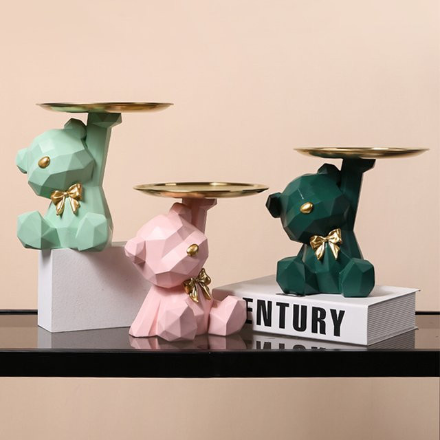 ALLOYSEED Aufbewahrungstablett mit geometrischer Bär-Statue aus Kunstharz in Pink - Bild 1