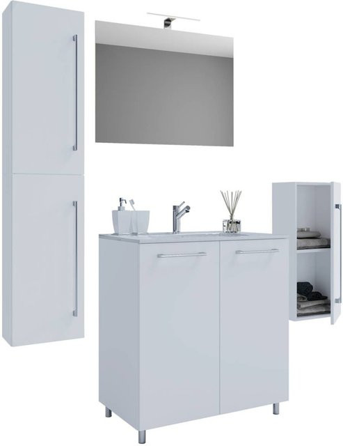 VCM Badmöbel-Set in Weiß mit Waschtisch, Spiegelschrank und Hochschrank, modern und glänzend, Breite: 60 cm - Bild 2