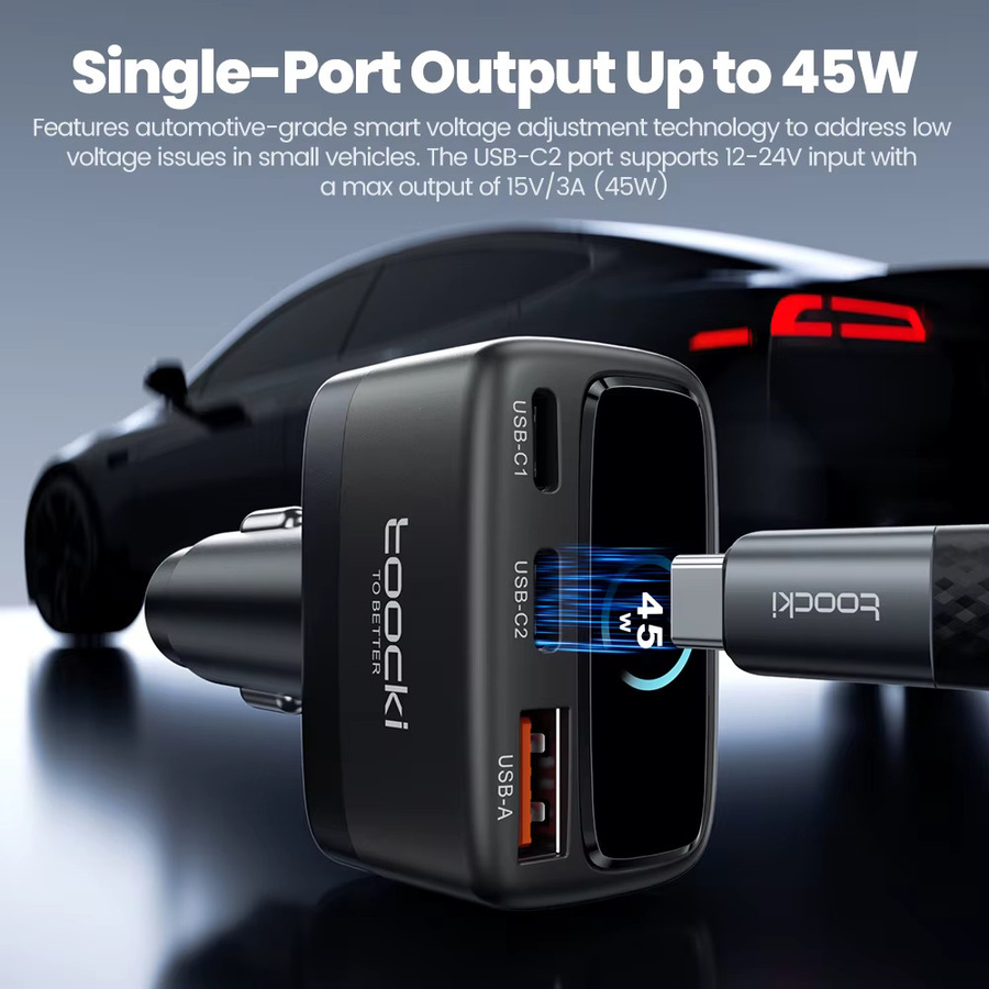 Toocki 105 W Auto Ladegerät mit Display, 3-in-1 Schnellladegerät mit PD 45 W, 30 W und PPS, USB-C für iPhone, Samsung und Xiaomi, Schwarz/Grau - Bild 3