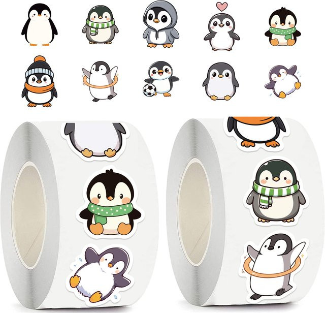 500 Stück Pinguin-Aufkleberrolle aus wasserfestem PVC mit niedlichen Tiermotiven in Multicolour für Laptops, Sammelalben und Telefone - Bild 1
