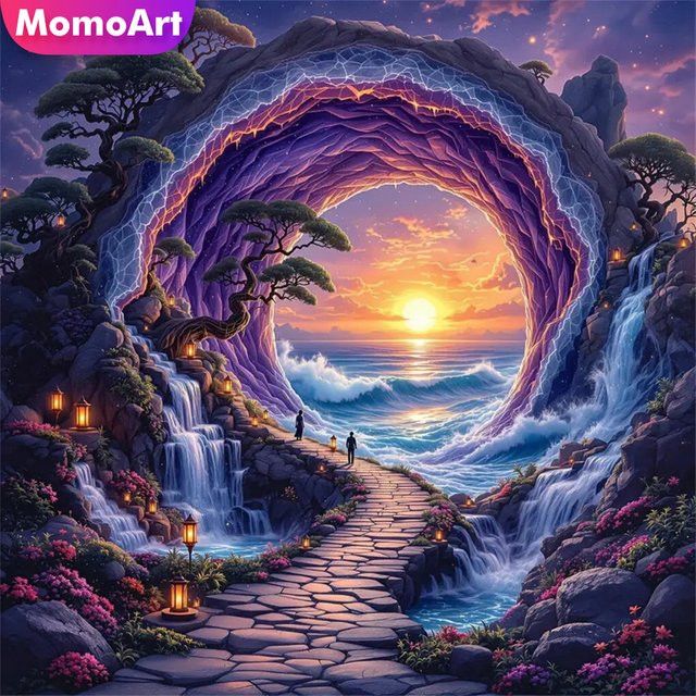 Momoart 5D DIY Diamant Mosaik Set Abstrakte Landschaft mit Sonnenuntergang und Meer als Stickerei Dekoration, Breite: 20 cm, Höhe: 20 cm - Bild 1
