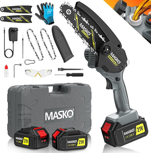 MASKO Mini-Kettensäge mit 800W Leistung, Schwarz, inklusive 2 Akkus à 4000mAh und automatischem Ölsystem - Bild 1