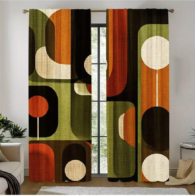 Tonnika Chen Verdunkelungsvorhänge im Mid Century Design, 2er Set mit geometrischem Muster, Multicolor, Breite: 150 cm, Höhe: 200 cm - Bild 1