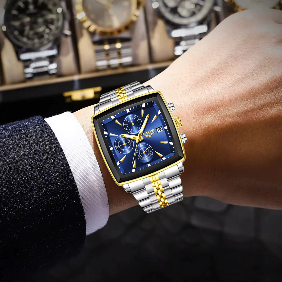 LIGE Armbanduhr Chronograph, Quarz, Edelstahl, Blau, Herren, Eckig - Bild 4