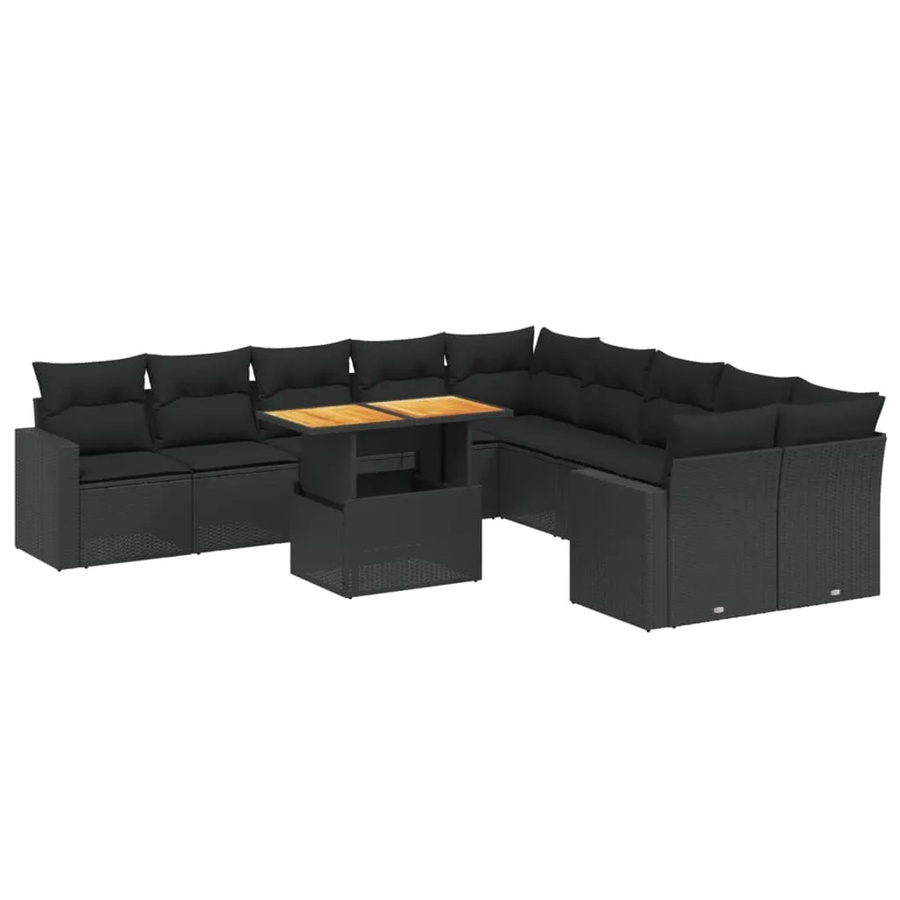 vidaXL 11-teilige Garten-Sofagarnitur in L-Form aus Polyrattan und Akazienholz mit Kissen, Schwarz - Bild 2