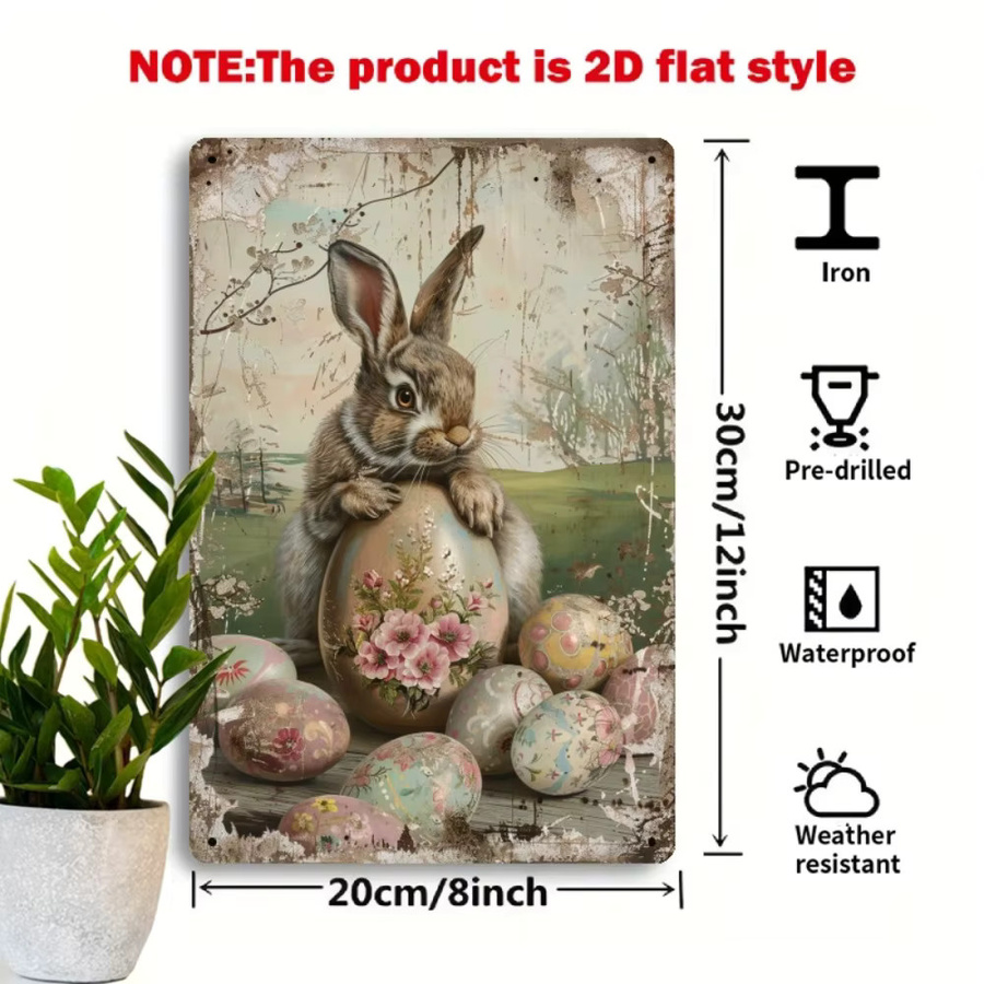 CIFBUY Vintage Osterhasen Metallblechschild mit floraler Illustration, Mehrfarbig, B: 20,3 cm, H: 30,5 cm - Bild 2
