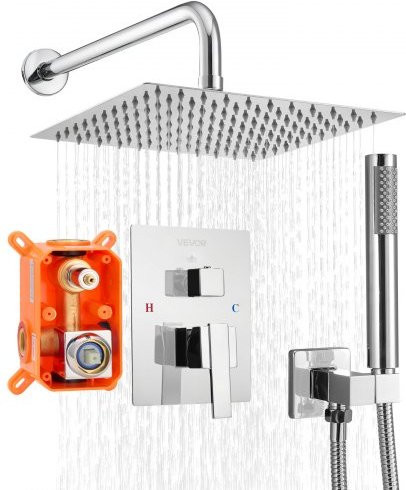 VEVOR Duscharmatur Regenduschsystem mit quadratischem Regenduschkopf und Handbrause, wandmontiert, Messingventil, Silberchrom - Bild 1