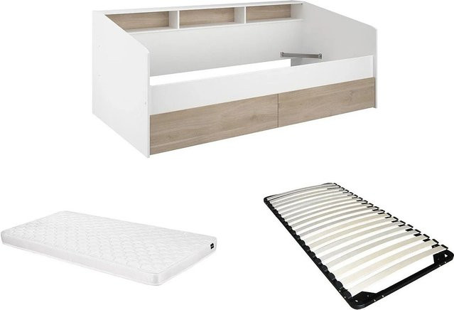 Vente-unique Bettrahmen Paulette für Kinderzimmer in Weiß und Beige mit integrierten Nachttischregalen, B/T/H: 90 x 203 x 81,7 cm - Bild 1