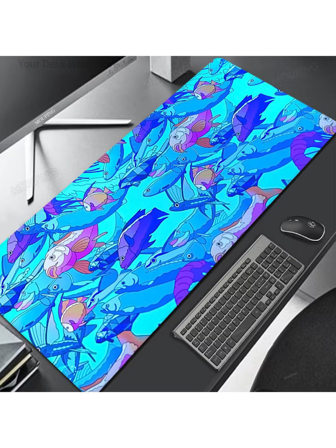 Potdemiel Gaming-Mauspad mit blau-lila Ozeanfisch-Schwarm als große erweiterte Schreibtischunterlage mit rutschfester Basis - Bild 4